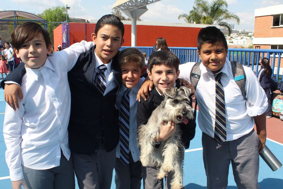 Amigos abrazados con un perro en actividad educativa del Instituto Cumbres León.